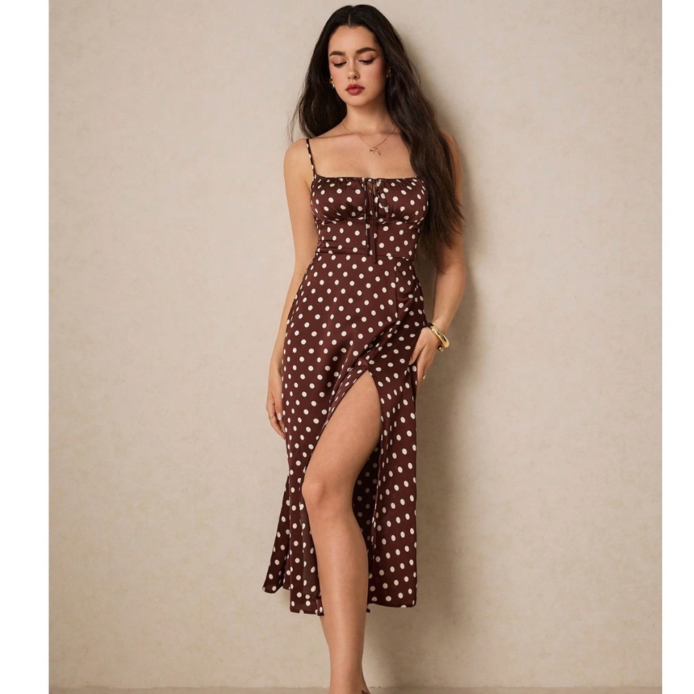 French Style Polka Dot Brown Midi Dress Leg Slit